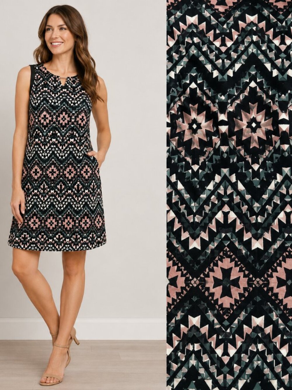 John Paul Richard Petite PM Geometric Print Sleeveless Shift Dress Stretch